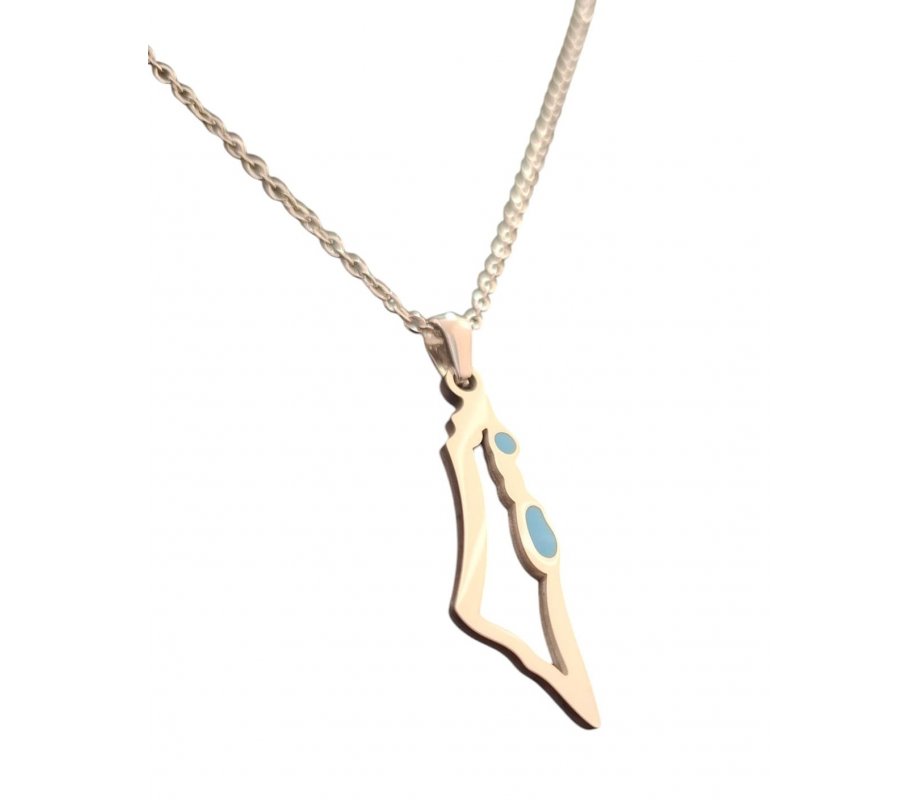 Silver Stainless Steel Pendant Necklace, Outline Map of Israel with Blue Enamel