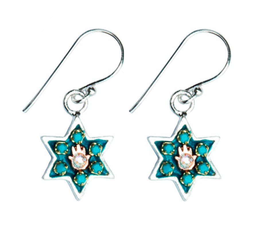 Silver Star of David Earrings with Hamsa by Ester Shahaf