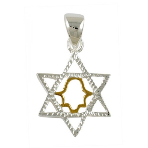 Silver Star of David Two-tone Pendant with hamsa