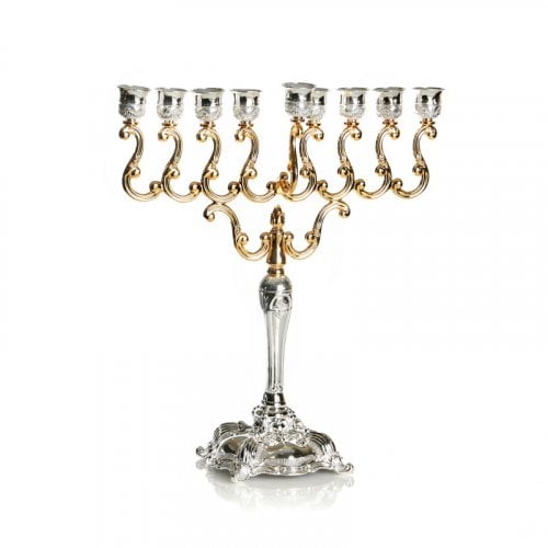 Silver and Gold Plated Chanukah Menorah, Scroll Design - 14.9