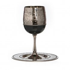 Silver and Gray Kiddush Cup on Stem with Matching Plate, Pomegranate Design