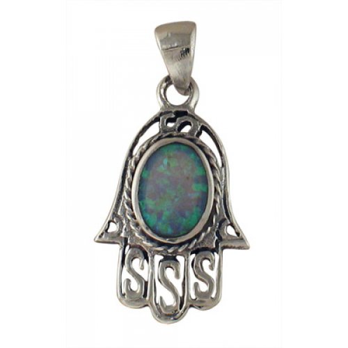 Silver and Opal Filigree Hamsa Pendant | aJudaica.com