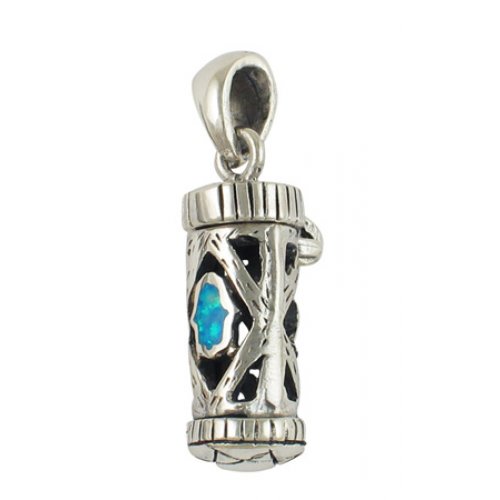 Silver and Opal Hamsa Mezuzah Pendant Necklace