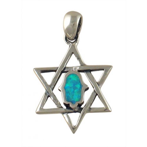Silver and Opal Hamsa Pendant - Star of David
