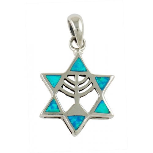 Silver and Opal Menorah Star of David Pendant