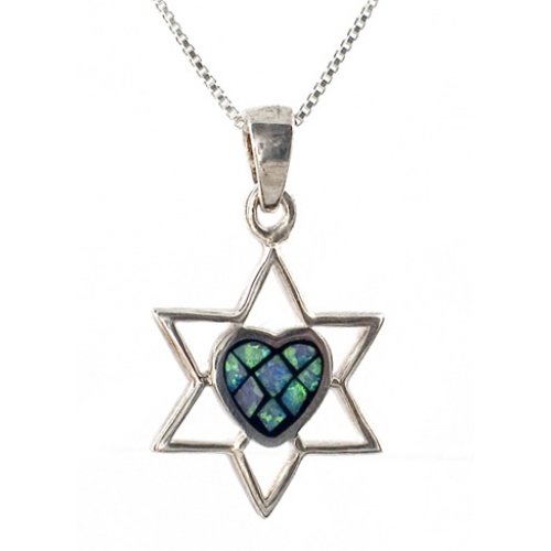 Silver and Opal Star of David with Heart Pendant