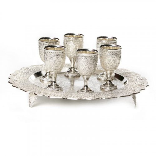 Six Silver Plated Small Kiddush Cups with Matching Circular Tray - Filigree