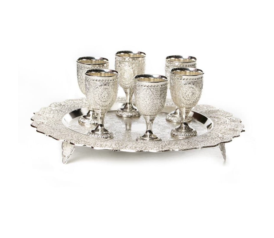Six Silver Plated Small Kiddush Cups with Matching Circular Tray - Filigree