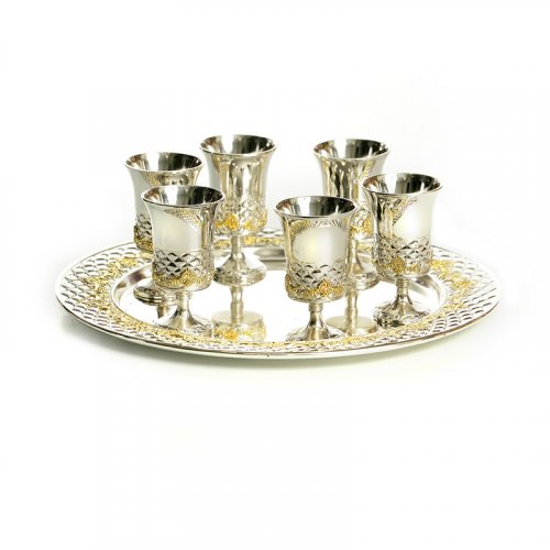 Six Small Kiddush Cups on Tray - Silver Plated with Gold Elements -