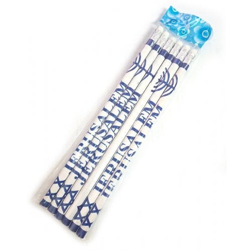 Six Souvenir Wood Pencils Decorated with Star of David, Menorah and Jerusalem