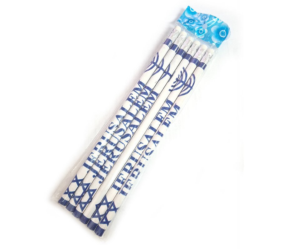 Six Souvenir Wood Pencils Decorated with Star of David, Menorah and Jerusalem