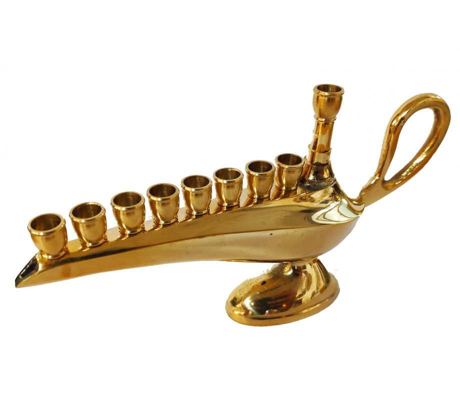 Small Aladdin Lamp Copper Chanukah Menorah, For Candles - 7 Inches