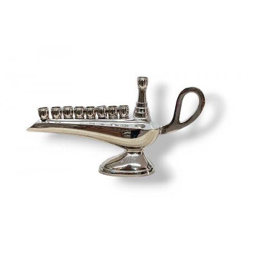 Small Aladdin Lamp Nickel Chanukah Menorah, For Candles - 7 Inches
