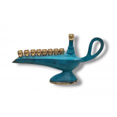 Small Aladdin Lamp Patina Chanukah Menorah, For Candles - 7 Inches