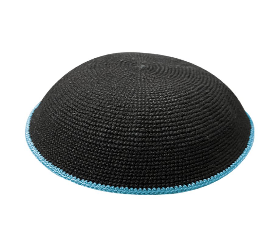 Small Black DMC Knitted Kippah with Light Blue Border
