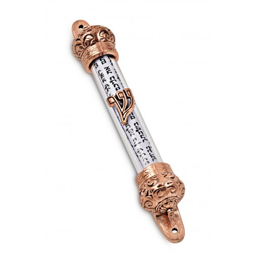 Small Bronze Colored Mezuzah Case with Shema Prayer Words - Decorative Crowns