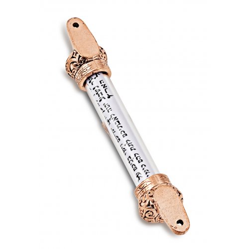 Small Bronze Colored Mezuzah Case with Shema Prayer Words - Decorative Crowns