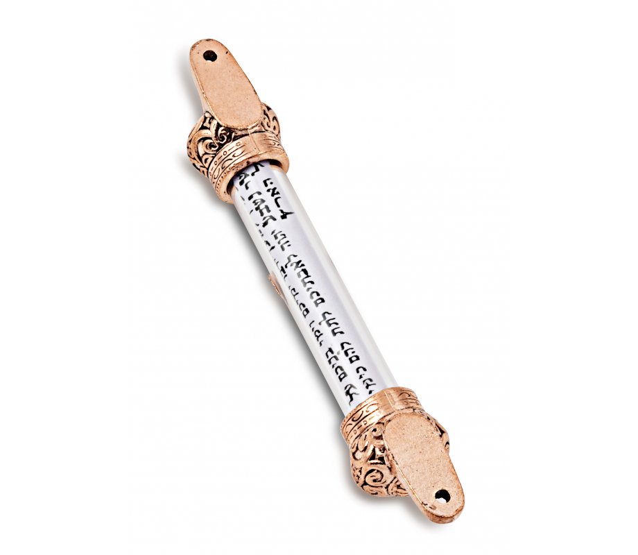 Small Bronze Colored Mezuzah Case with Shema Prayer Words - Decorative Crowns