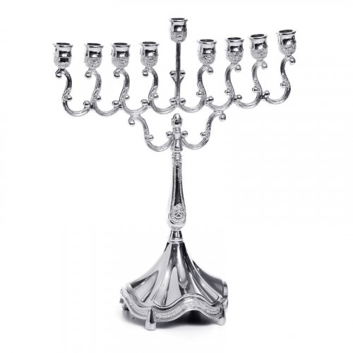Small Chanukah Menorah with Ornate Swirling Branches, Silver Metal  6.6 Inches