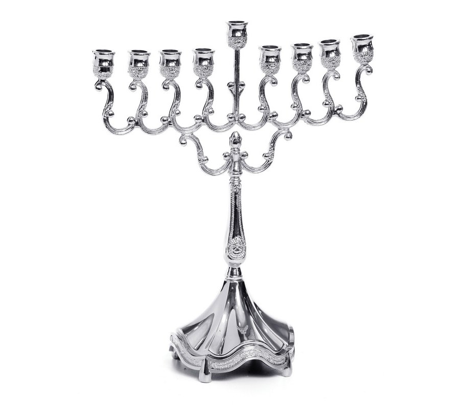 Small Chanukah Menorah with Ornate Swirling Branches, Silver Metal – 6.6 Inches
