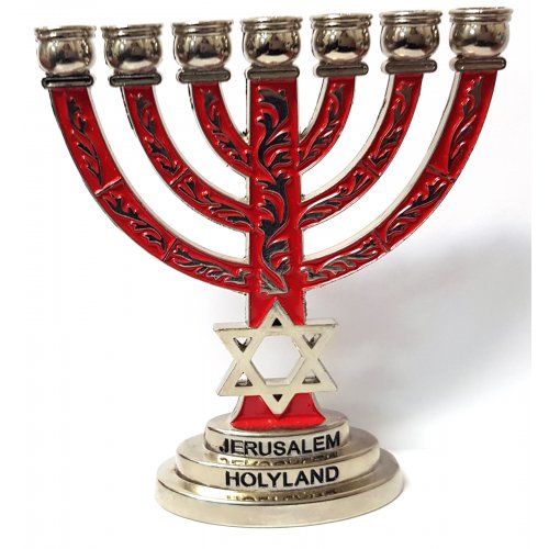 Small Decorative 7-Branch Menorah Star of David, Red and Silver - 4
