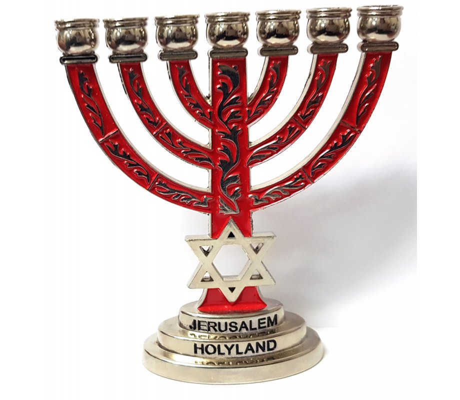 Small Decorative 7-Branch Menorah Star of David, Red and Silver - 4