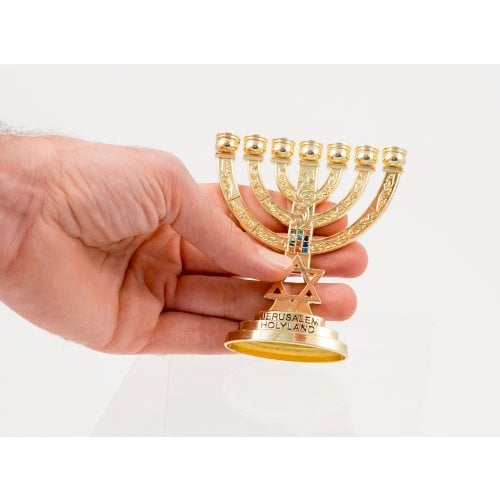 Small Decorative 7-Branch Menorah with Star of David & Breastplate, Gold - 4