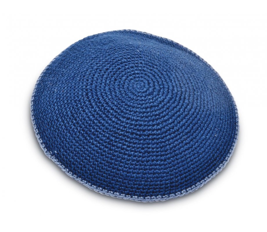 Small Flat DMC Kippah - Solid Blue with Light Blue Border