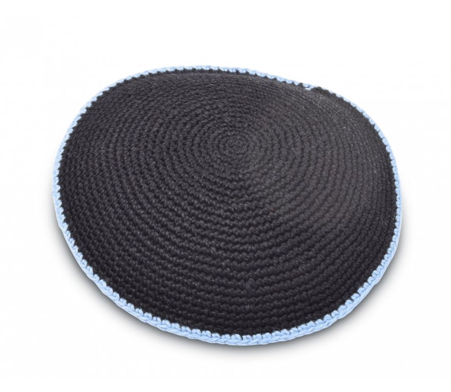 Small Flat Kippah , Hand Knitted Cotton - Black Light Blue Border