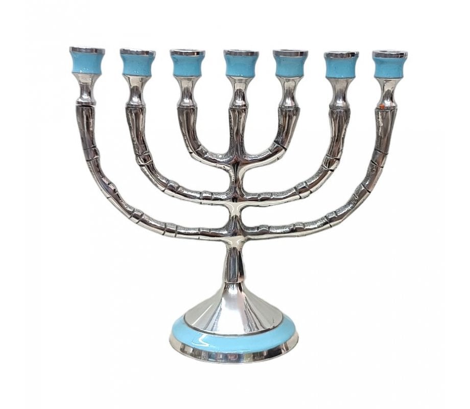 Small Gold Metal 7-Branch Menorah with 12 Tribes Symbols - Choice of Colors