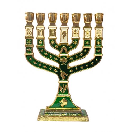 Small Gold Metal 7-Branch Menorah with Enamel, 12 Tribes Engraving - Color Choice