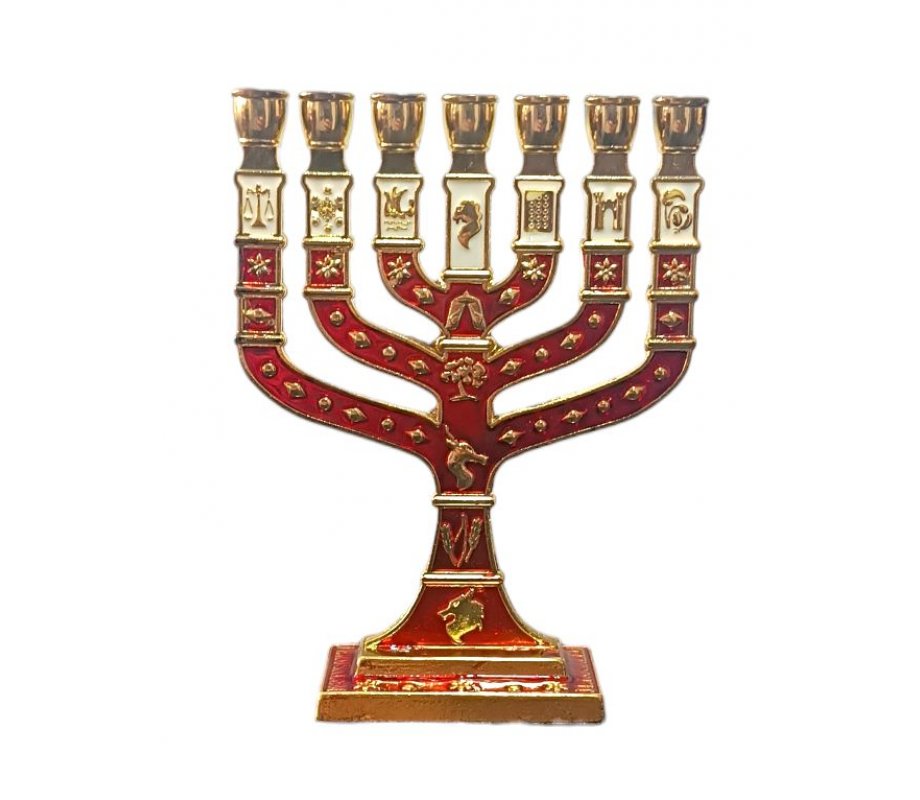 Small Gold Metal 7-Branch Menorah with Enamel, 12 Tribes Engraving - Color Choice