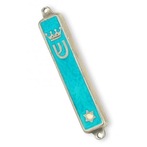 Small Gold Plated Mezuzah Case, Crown and Star of David - Turquoise
