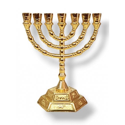 Small Gold Seven Branch Menorah with Twelve Tribes Design on Base