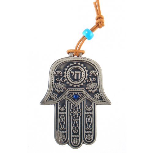 Small Hamsa Wall Decoration, Hebrew Chai and Good Luck Symbols - Gray