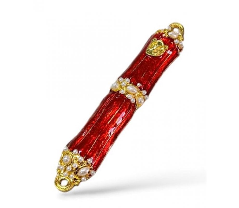 Small Metal and Pewter Mezuzah Case with Band of Gleaming Stones, Enamel - Color Choice