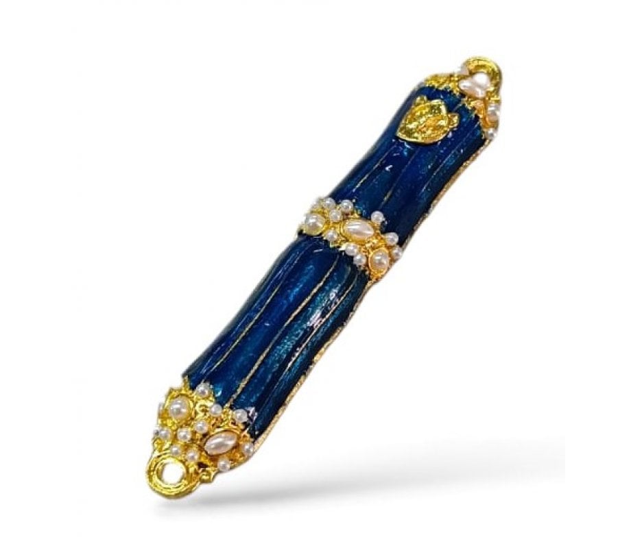 Small Metal and Pewter Mezuzah Case with Band of Gleaming Stones, Enamel - Color Choice