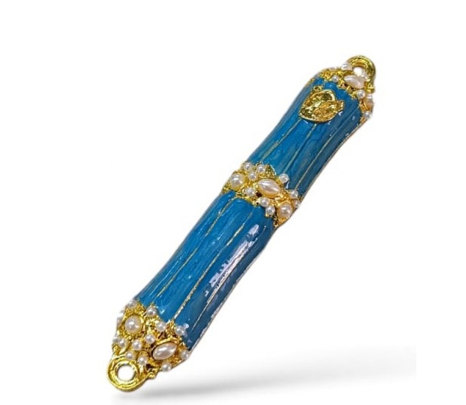 Small Metal and Pewter Mezuzah Case with Band of Gleaming Stones, Enamel - Color Choice