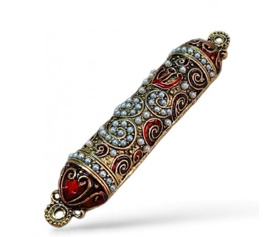 Small Pewter Mezuzah Case with Stones Enamel and Swirl Design - Choice of Colors