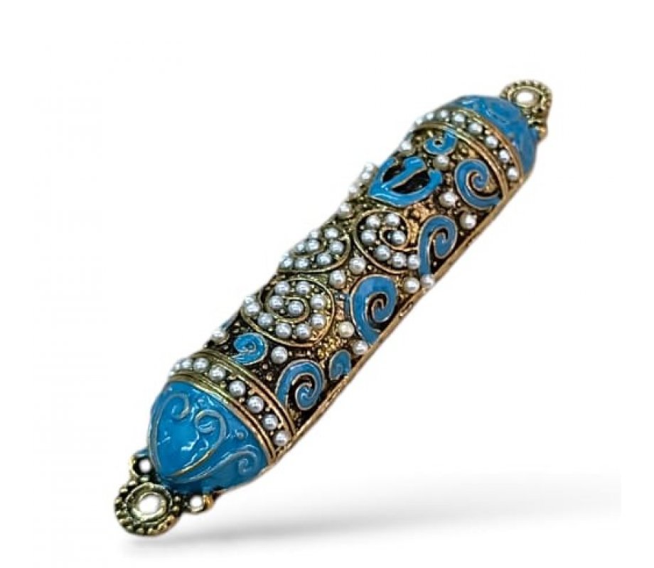 Small Pewter Mezuzah Case with Stones Enamel and Swirl Design - Choice of Colors