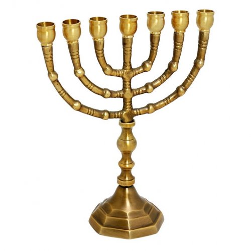 Small Seven Branch Menorah, Dark Gold Brass Giving an Antique Look - 8 Inches