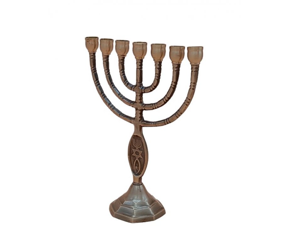 Small Seven Branch Menorah, Fish Design Brass Antique Finish - 8”