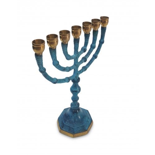 Small Seven Branch Menorah, Gold Metal and Turquoise Patina - 8”
