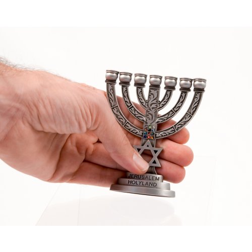 Small Seven Branch Menorah with Star of David & Breastplate, Pewter - 4” High
