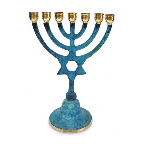 Small Seven Branch Menorah with Star of David on Stem, Blue Patina  7.5