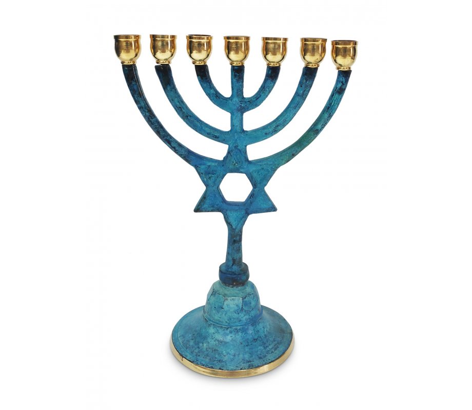 Small Seven Branch Menorah with Star of David on Stem, Blue Patina – 7.5