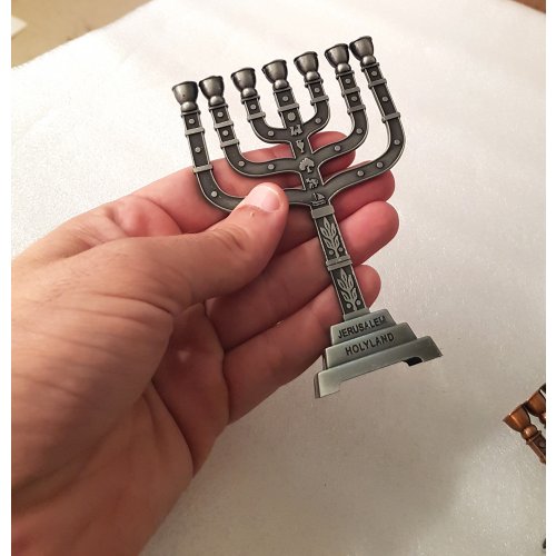 Small Seven Branch Pewter Menorah, 12 Tribes Design - Choice: 7