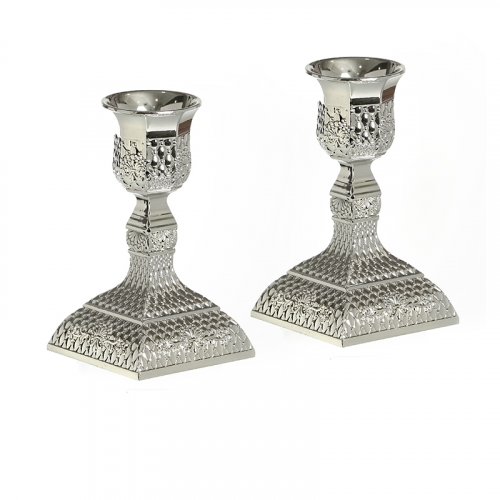 Small Silver Plated Filigree Design Shabbat Candlesticks - Height 4
