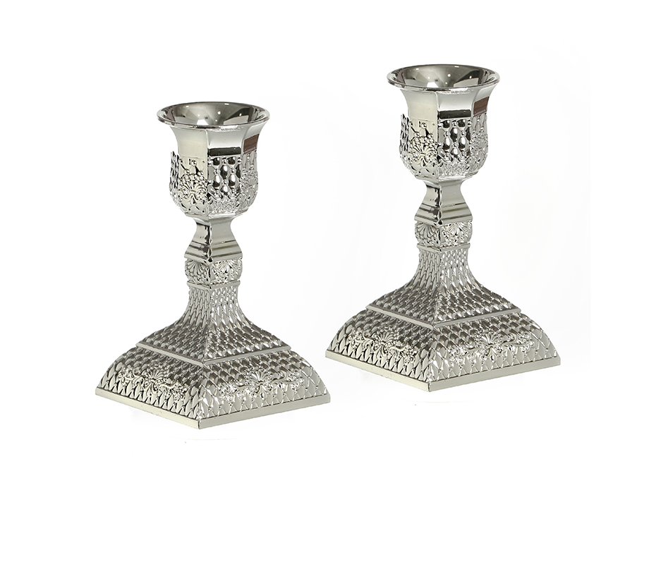Small Silver Plated Filigree Design Shabbat Candlesticks Height 4"
