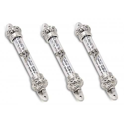 Small Silver-colored Mezuzah Case with Shema Prayer Words - Decorative Crowns